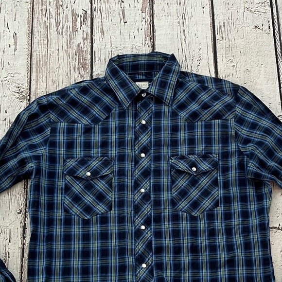 Vintage Wrangler Plaid Pearl Snap Cowboy Rancher Long Sleeve Button Down Shirt - Picture 2 of 4